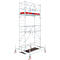 A silver scaffold standing on wheels, with a red platform in the middle. Blue and red elements are visible.