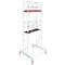 Metal scaffolding, with platform, wheels and red marking.