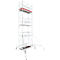 Tall scaffolding with red work platform and outriggers for stabilization. The construction stands on wheels.