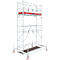 A free-standing, rolling scaffolding made of metal. It has multiple levels, red platforms, blue safety catches and wheels.