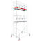 A silver scaffolding with two platforms and red railings, on castors. It stands against a white background.