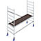 Scaffolding with wooden platform. It has wheels for easy movement.