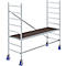 Scaffolding with wheels, silver metal construction with brown work surface.