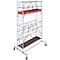 Metal scaffold with wheels, red storage, and brown platform.