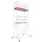 Rolling scaffold, metallic, with red platforms and wheels.
