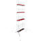 A tall scaffold with red work surfaces and rollers. It has multiple levels and outriggers for stabilization.