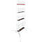Tall, freestanding metal scaffold with multiple levels and rollers on the feet. A red element at the top.