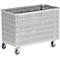 A rectangular metal cart with perforated sides and four wheels. The cart is empty.