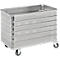 A rectangular, perforated metal container on wheels. The sides of the container are covered with a multitude of small holes.
