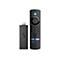 Schwarze Fire TV Fernbedienung und Fire TV Stick vor weiÃŸem Hintergrund.