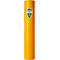 Gele recyclingbak met logo. Op het schild staat "ECO RACK", een groene badge en het "M"-teken voor recycling.