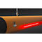 Een oranje heater die aan het plafond hangt. Een rood, gloeiend element is zichtbaar.