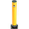 Barrière de stationnement jaune, cylindrique, avec base noire. Gris foncé en haut et sur la base. Logo "ROCK MAMMA" avec un éléphant.