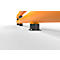 Close-up detail: Oranje buizen met zwarte connectoren gemonteerd op rechthoekige zwarte platen, op een witte ondergrond.