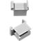 Two gray plastic clips, one from above, the other from a low angle.