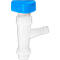 A white plastic tap with a blue turning handle and a horizontal outlet.