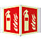 Corner sign with fire extinguisher symbol, attached to brackets.