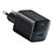 Schwarzes Anker Wandladegerät mit einem USB-C- und einem USB-A-Anschluss auf weißem Hintergrund.