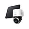 Weiße Eufy Security 4K Überwachungskamera mit schwarzem Solarmodul vor weißem Hintergrund.