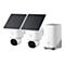 Zwei weiße eufy Überwachungskameras mit Solarpanel und eine weiße Basisstation vor weißem Hintergrund.
