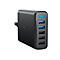 Schwarzes Anker USB-Ladegerät mit fünf Anschlüssen und einer blauen Status-LED vor weißem Hintergrund.