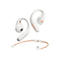 Weiße Soundcore Open-Ear-Kopfhörer mit Ohrbügeln und einem gemusterten, orangen Nackenband auf weißem Hintergrund.