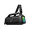 Schwarzer tragbarer Bluetooth-Lautsprecher mit Tragegriff, Schultergurt und seitlicher, bunter LED-Beleuchtung.