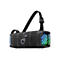 Schwarzer, zylindrischer Soundcore Bluetooth-Lautsprecher mit Tragegurt und seitlicher, bunter LED-Beleuchtung.