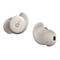 Zwei beige Soundcore In-Ear-Kopfhörer vor weißem Hintergrund. Einer zeigt das Logo, der andere die Passform.