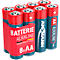Eight AA alkaline batteries in a pack. The red packaging reads "Batterie Alkaline" and "8x AA".