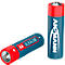 Two AA batteries from ANSMANN. One is lying down, the other is standing. Both show the inscription "ALKALINE".