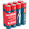 Eight AAA batteries, red and blue design, Ansmann brand, with the inscription 'Batterie Alkaline'.