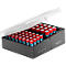 Battery box with red and blue batteries. Lid is open. Inscription: ANMANN, BATTERY TEST STATION.