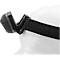 Close-up of a black headlamp on a head. The headband is also black. The background is white.
