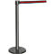 Gray barrier with a red and black strap. It is used to demarcate areas.