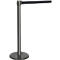 A grey stanchion with a black strap, set against a white background.