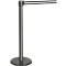 Grey stanchion with retractable black and white belt. The post has a round base.