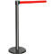 Grey barrier post with red ribbon. On round base, the ribbon is extended.