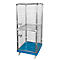 Metal roll container with wheels. The container has a blue floor, a grid structure and two doors.