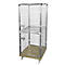 Metal mesh cage trolley, two-tiered, on wheels. Grey grids, beige base with rollers.