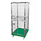 Wire mesh cart with wheels and green base plate, on a white background.