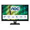 Schwarzer 27-Zoll-Monitor von AOC mit Infografik-Box zu technischen Merkmalen wie FHD und Low Blue Mode.