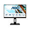 Schwarzer 27-Zoll AOC Monitor mit dünnem Rahmen und Infografik über Produkteigenschaften auf dem Display.