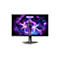 Gaming-Monitor Agon Pro mit violettem Hintergrundbild einer futuristischen Spielfigur auf einem Standfuß.