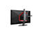 Rückseite eines schwarzen Gaming-Monitors mit rotem LED-Lichtring und silbernem Standfuß vor weißem Hintergrund.