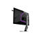 Rückansicht eines Gaming-Monitors mit lila LED-Akzenten und einem verstellbaren Standfuß vor weißem Hintergrund.