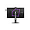Rückansicht eines schwarzen Gaming-Monitors mit lila LED-Akzenten und ausklappbarem Kopfhörerhalter.