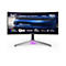 34-Zoll Porsche Design AGON Curved Gaming-Monitor mit leuchtendem Standfuß und technischer Spezifikationsgrafik.