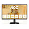 Schwarzer AOC Monitor mit Text 'Home Office Monitor'. Eigenschaften: 27 Zoll, UHD, HDR10, Adaptive Sync, 3-seitig rahmenlos, Low Blue Mode. Hintergrund: Frau.