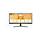 Schwarzer, gebogener 34-Zoll AOC Monitor mit technischem Datenblatt auf dem Display vor weißem Hintergrund.